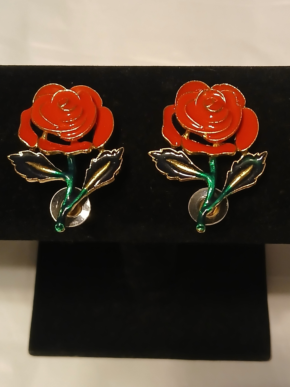 Vintage Enamel Red Rose Stud Earrings with Green Stem